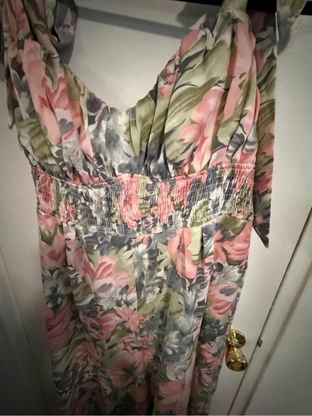 Lulu's Pink Floral Maxi Jumpsuit with Green & Gray Accents